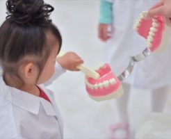 歯磨きの練習をする子供